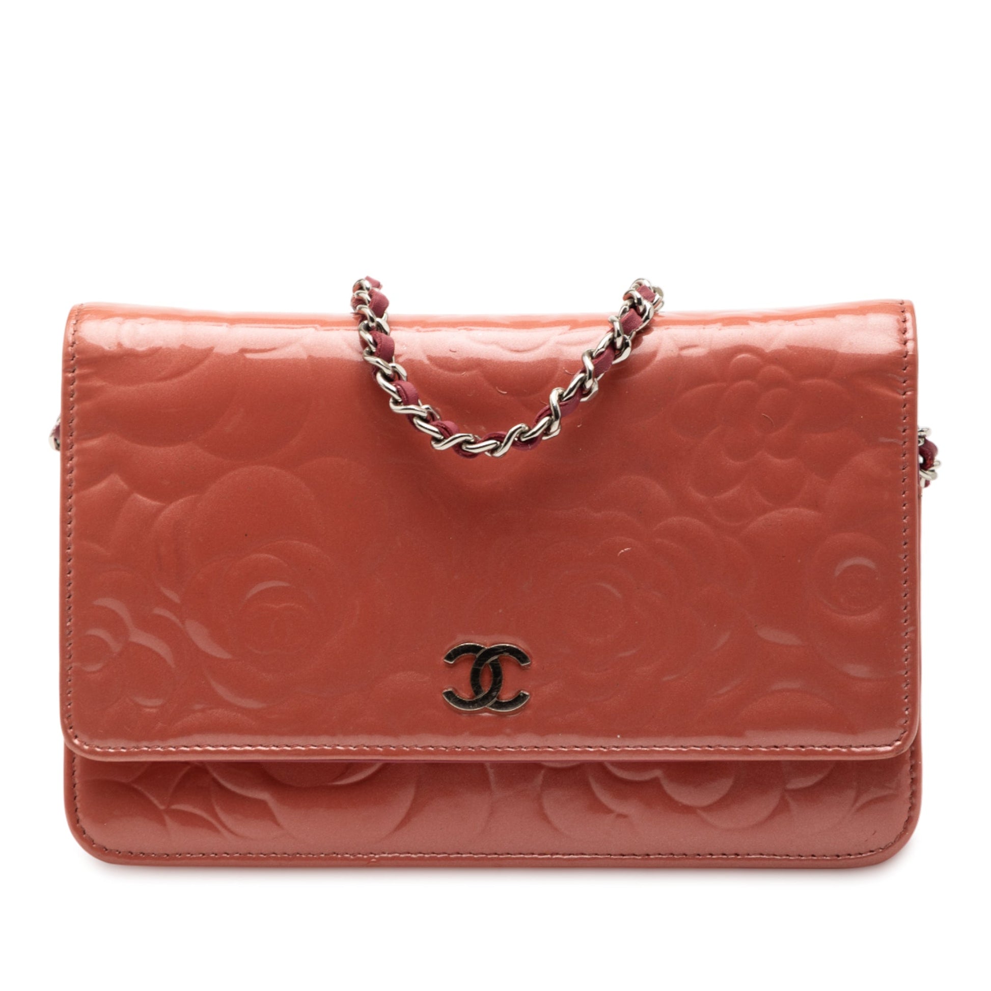 Chanel CC Embossed Patent Camellia Wallet On Chain