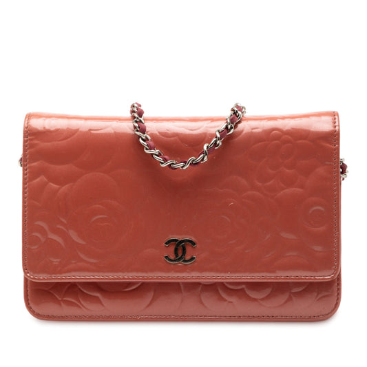 Chanel CC Embossed Patent Camellia Wallet On Chain