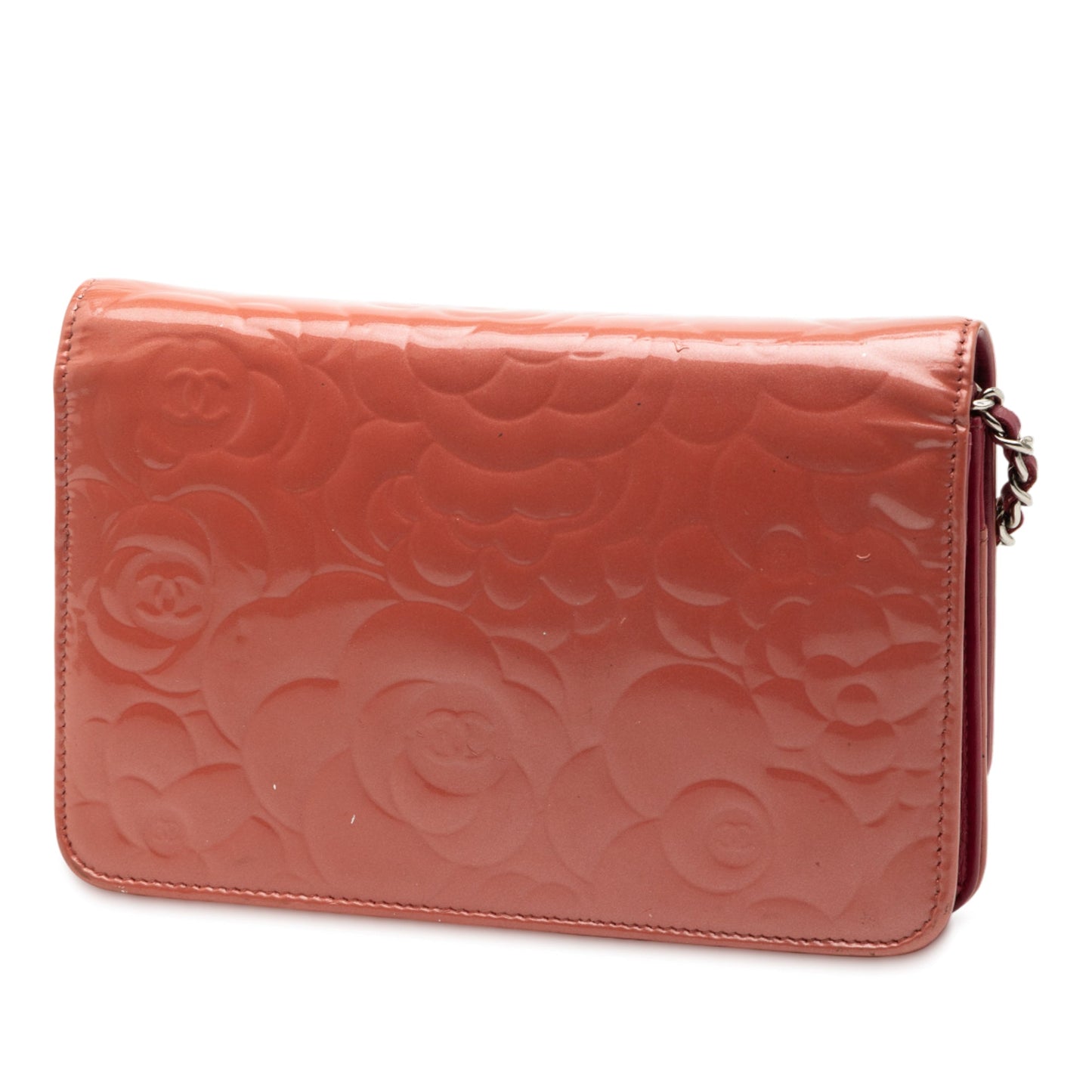 Chanel CC Embossed Patent Camellia Wallet On Chain