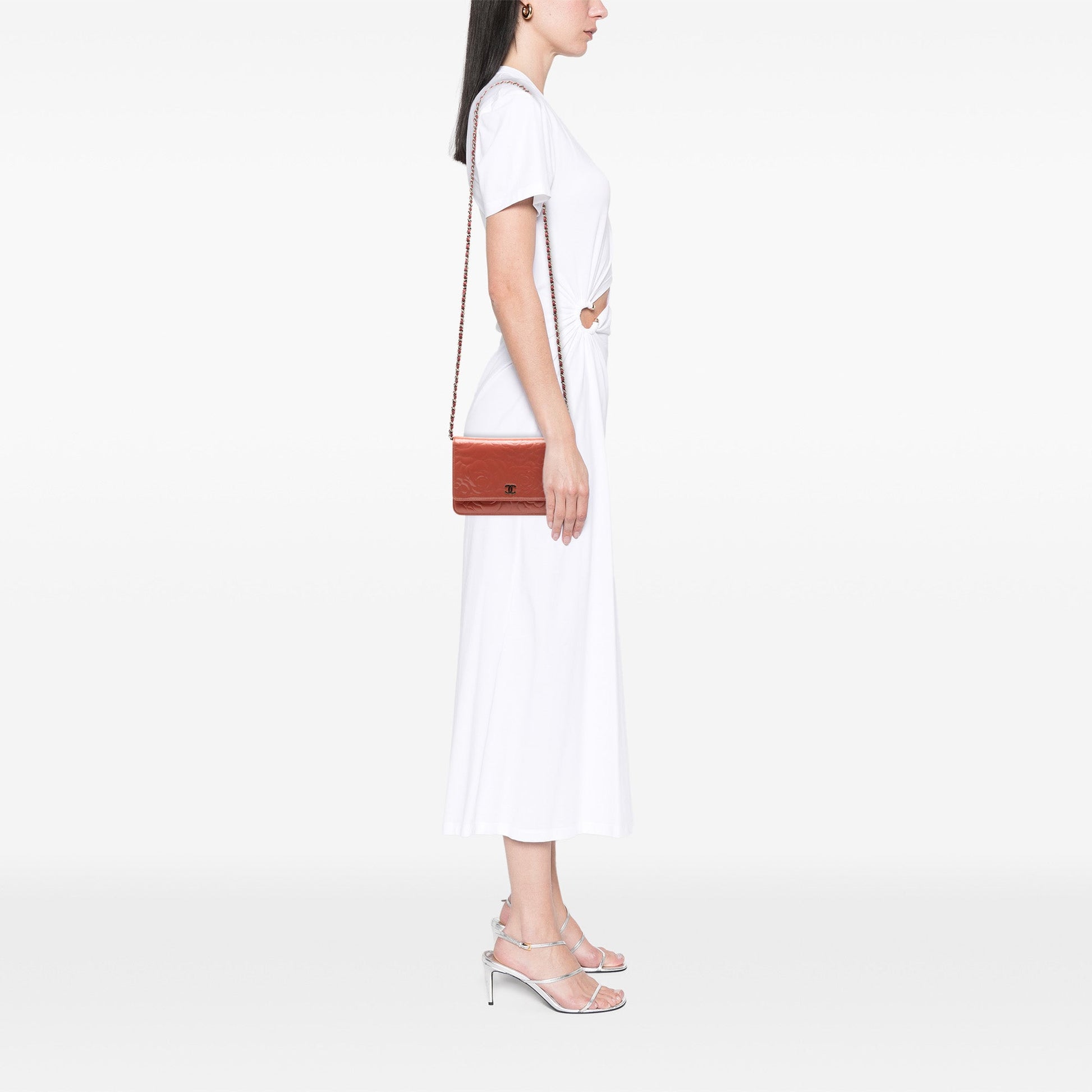 Chanel CC Embossed Patent Camellia Wallet On Chain
