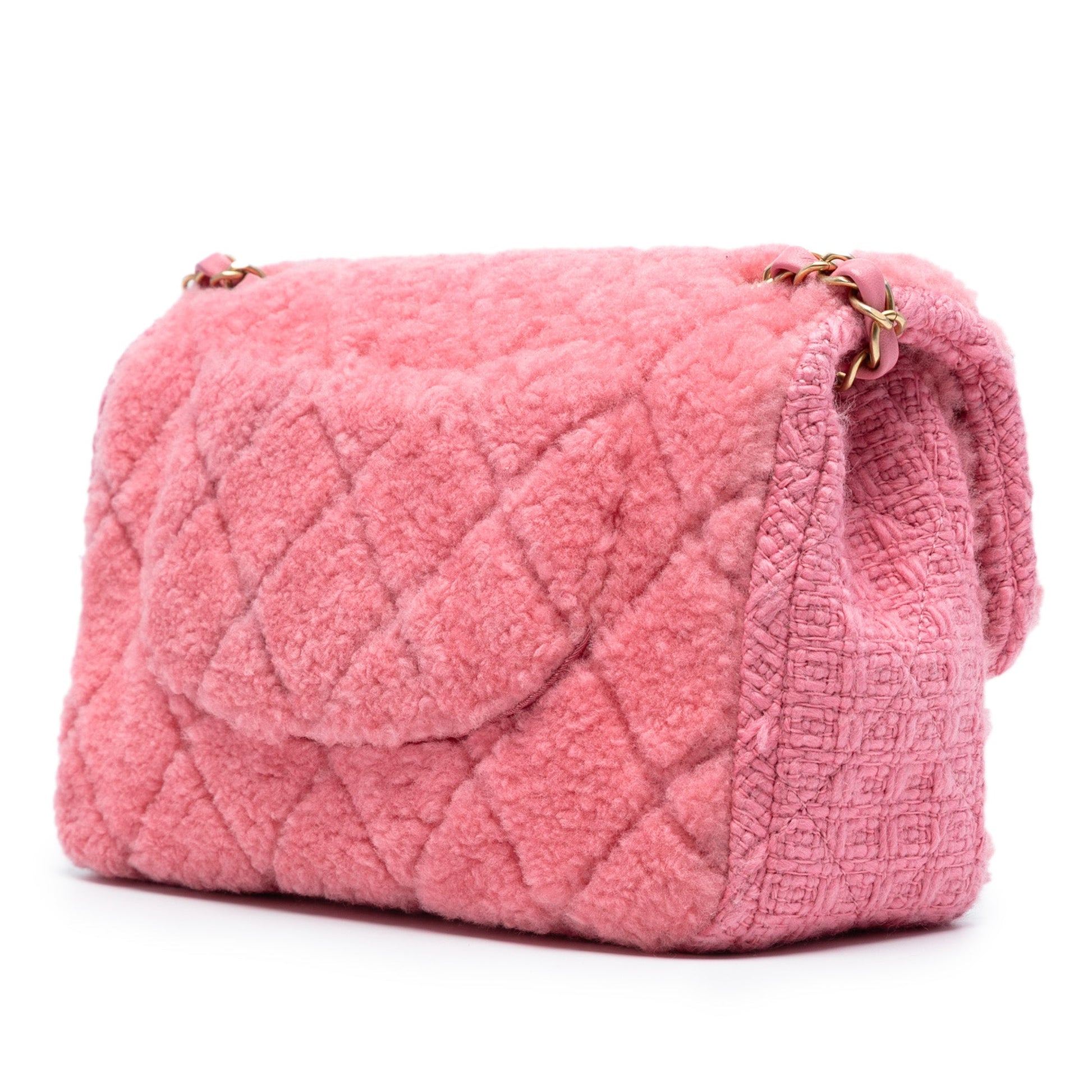 Chanel CC Quilted Shearling and Tweed Single Flap