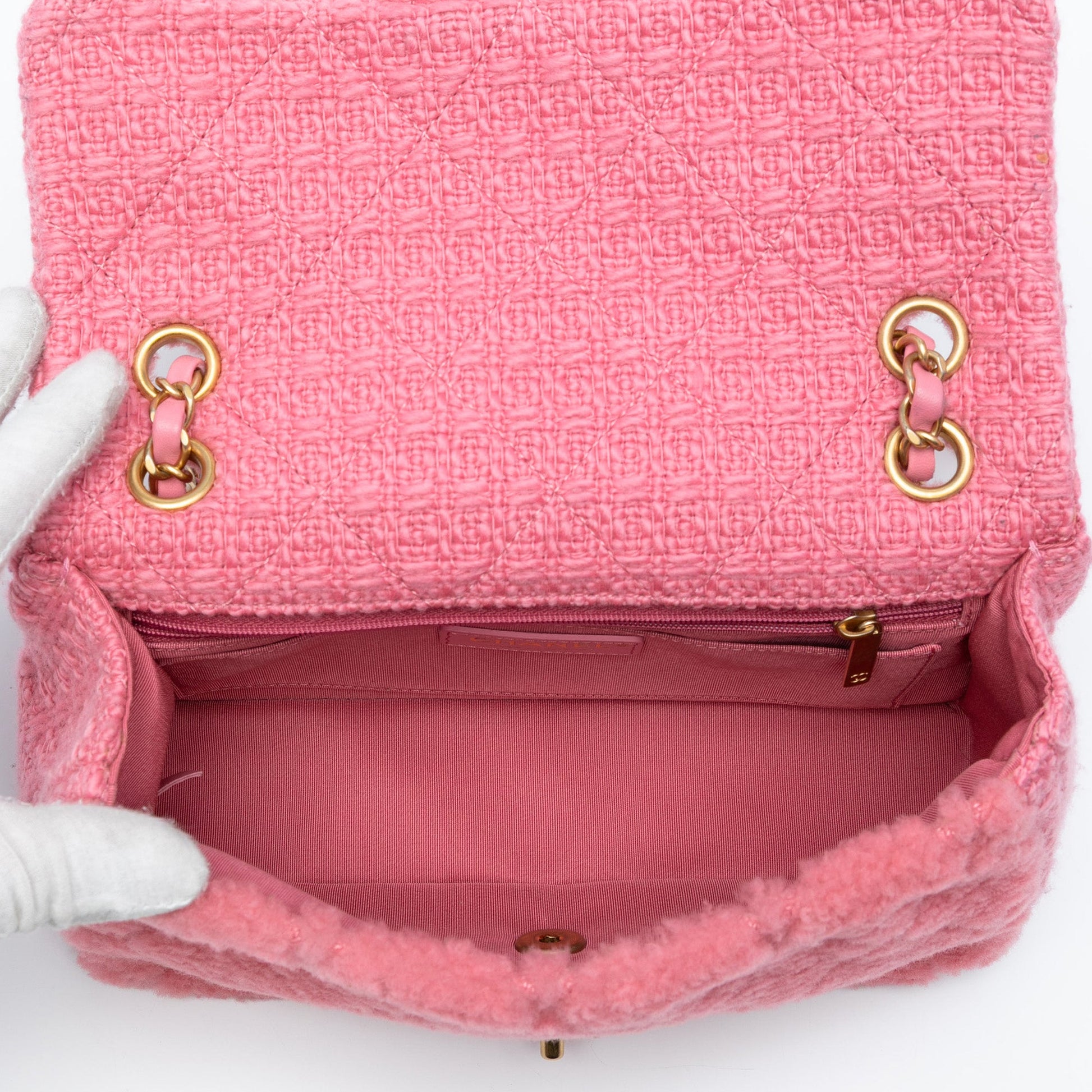 Chanel CC Quilted Shearling and Tweed Single Flap