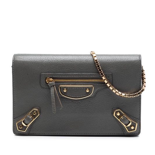 Balenciaga Chevre Motocross Metallic Edge Wallet on Chain