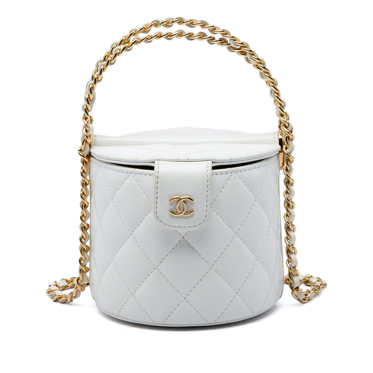 Chanel CC Quilted Lambskin Top Handle Round Vanity Case with Chain — White