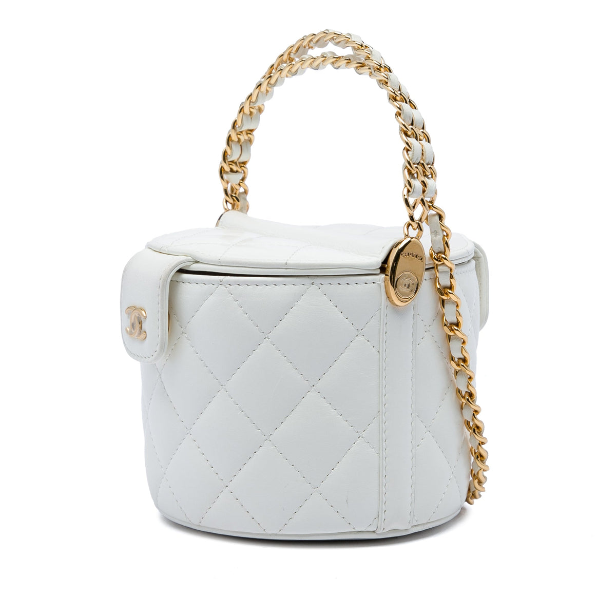 Chanel CC Quilted Lambskin Top Handle Round Vanity Case with Chain — White