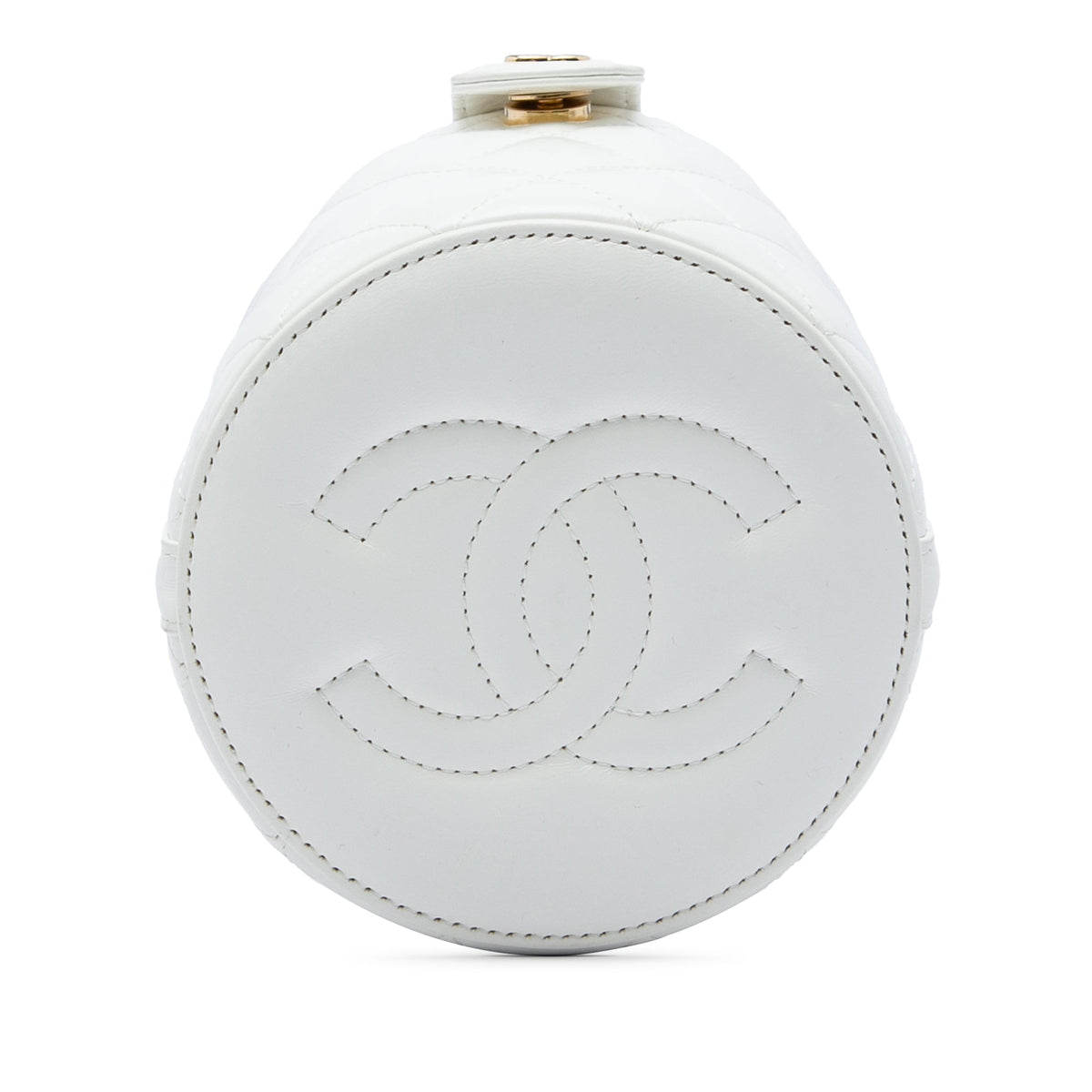 Chanel CC Quilted Lambskin Top Handle Round Vanity Case with Chain — White