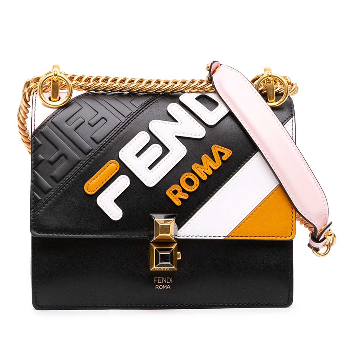Fendi Fila Mania Small Multicolor Zucca Embossed Leather Kan I Crossbody — Black