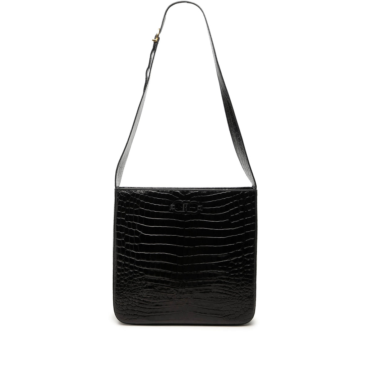Ferragamo Croc Embossed Leather Double Gancini Crossbody — Black