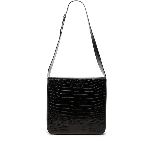 Ferragamo Croc Embossed Leather Double Gancini Crossbody — Black