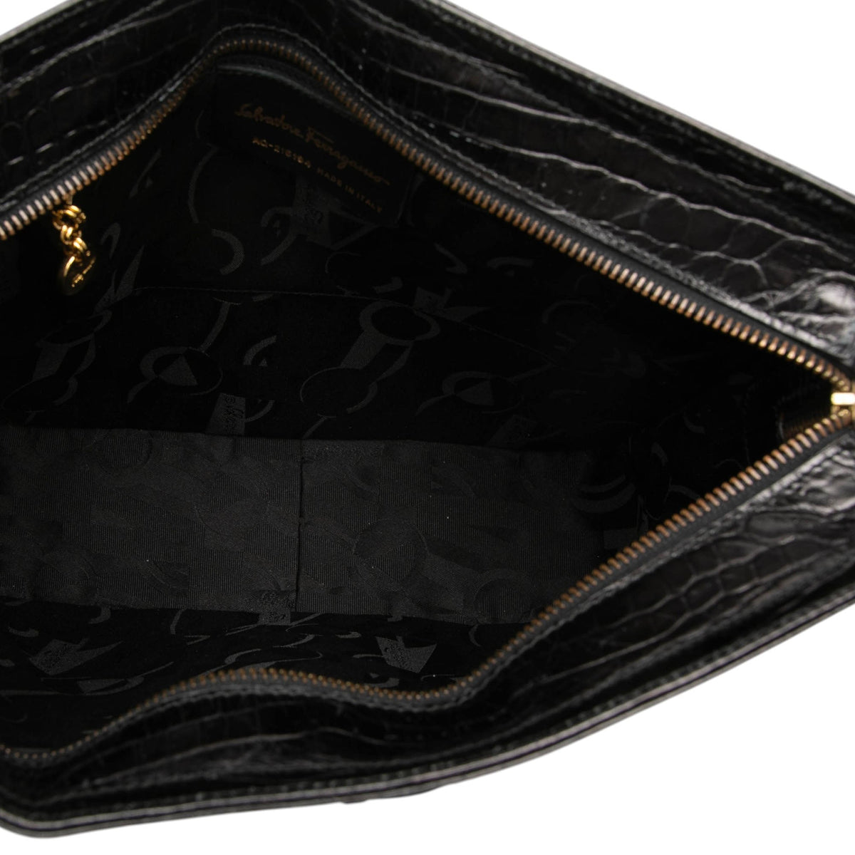 Ferragamo Croc Embossed Leather Double Gancini Crossbody — Black