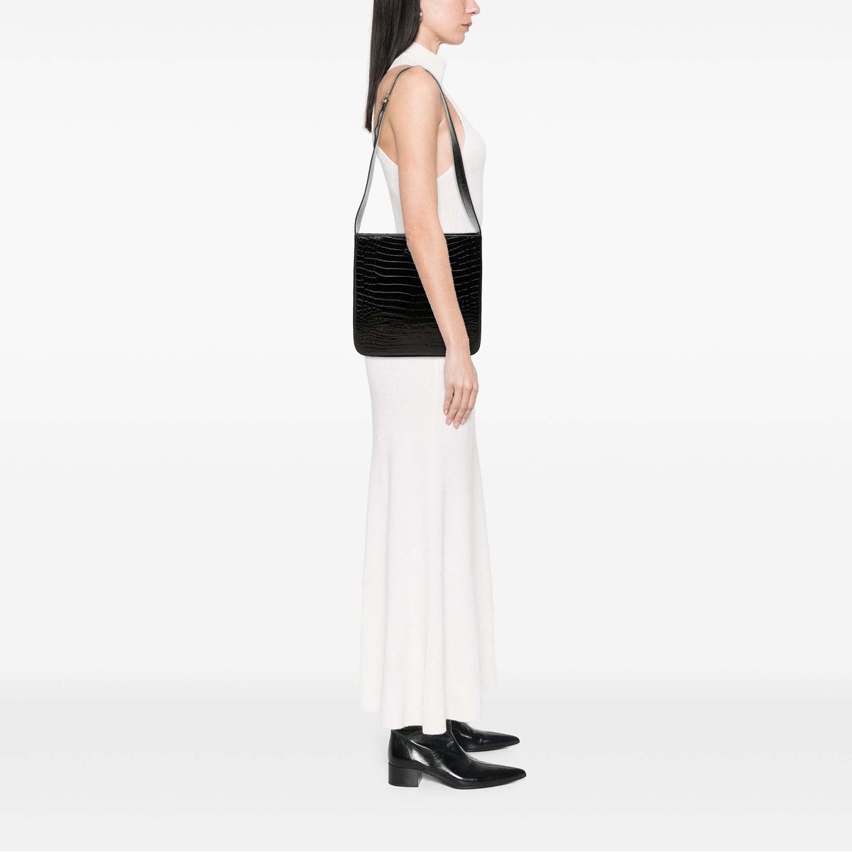 Ferragamo Croc Embossed Leather Double Gancini Crossbody — Black