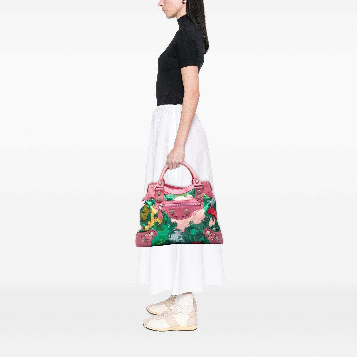 Balenciaga Lambskin and Satin Floral Print Motocross Giant 21 Brief Satchel