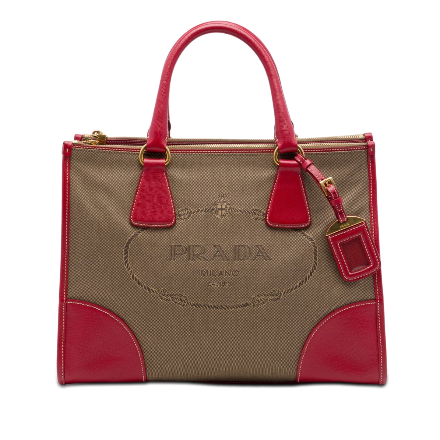 Prada Saffiano Trimmed Canvas Canapa Logo Double Zip Satchel