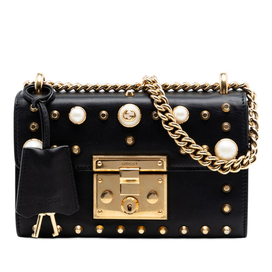 Gucci Small Pearl Studded Leather Padlock Crossbody