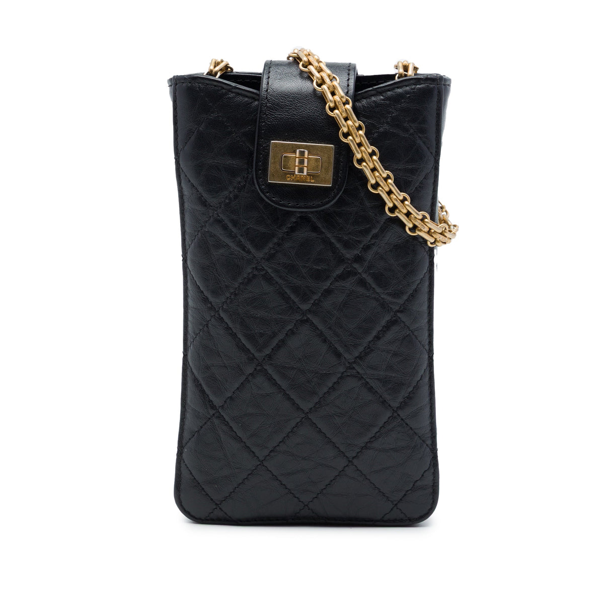 Chanel Quilted Aged Calfskin Reissue 2.55 Phone Holder With Chain — Black