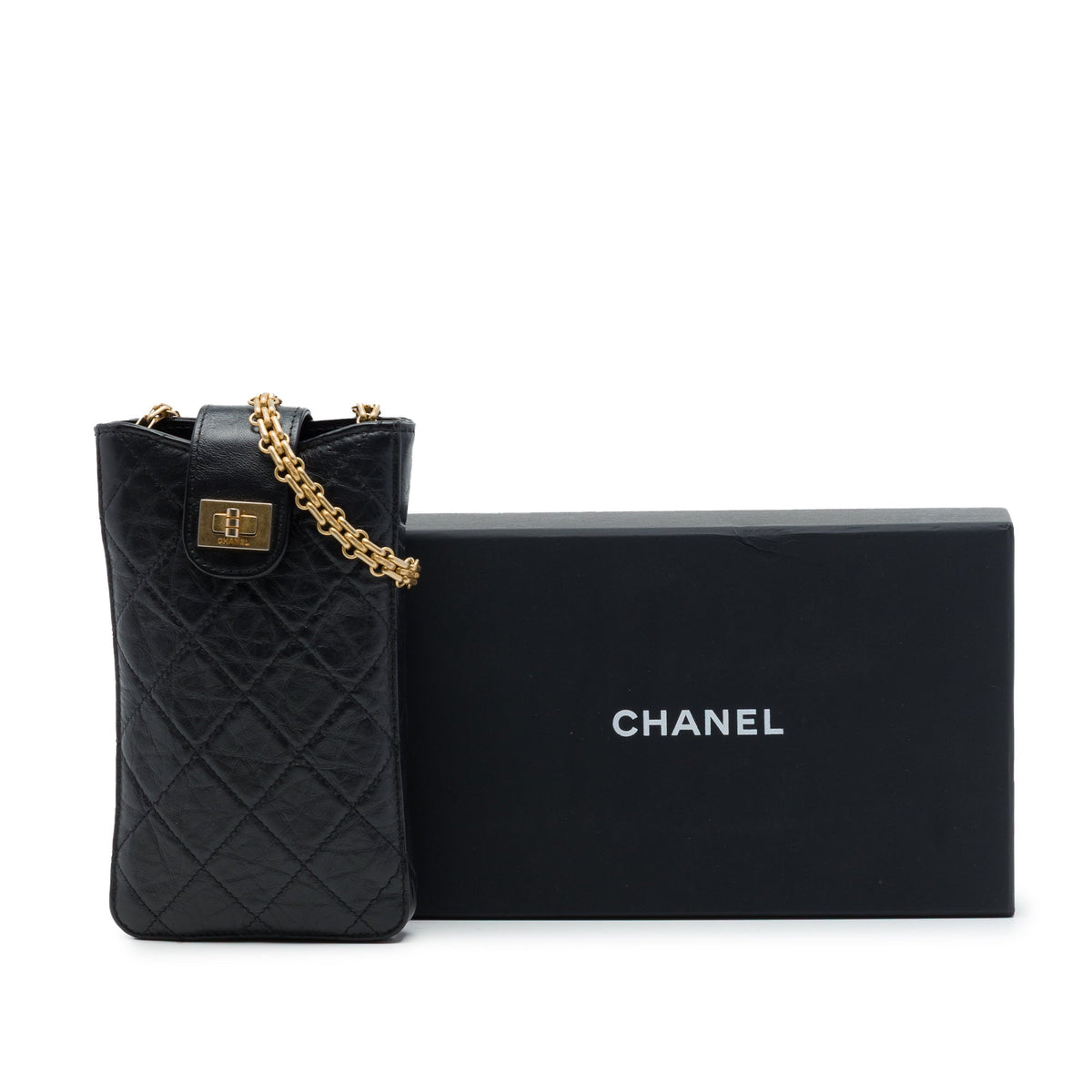 Chanel Quilted Aged Calfskin Reissue 2.55 Phone Holder With Chain — Black