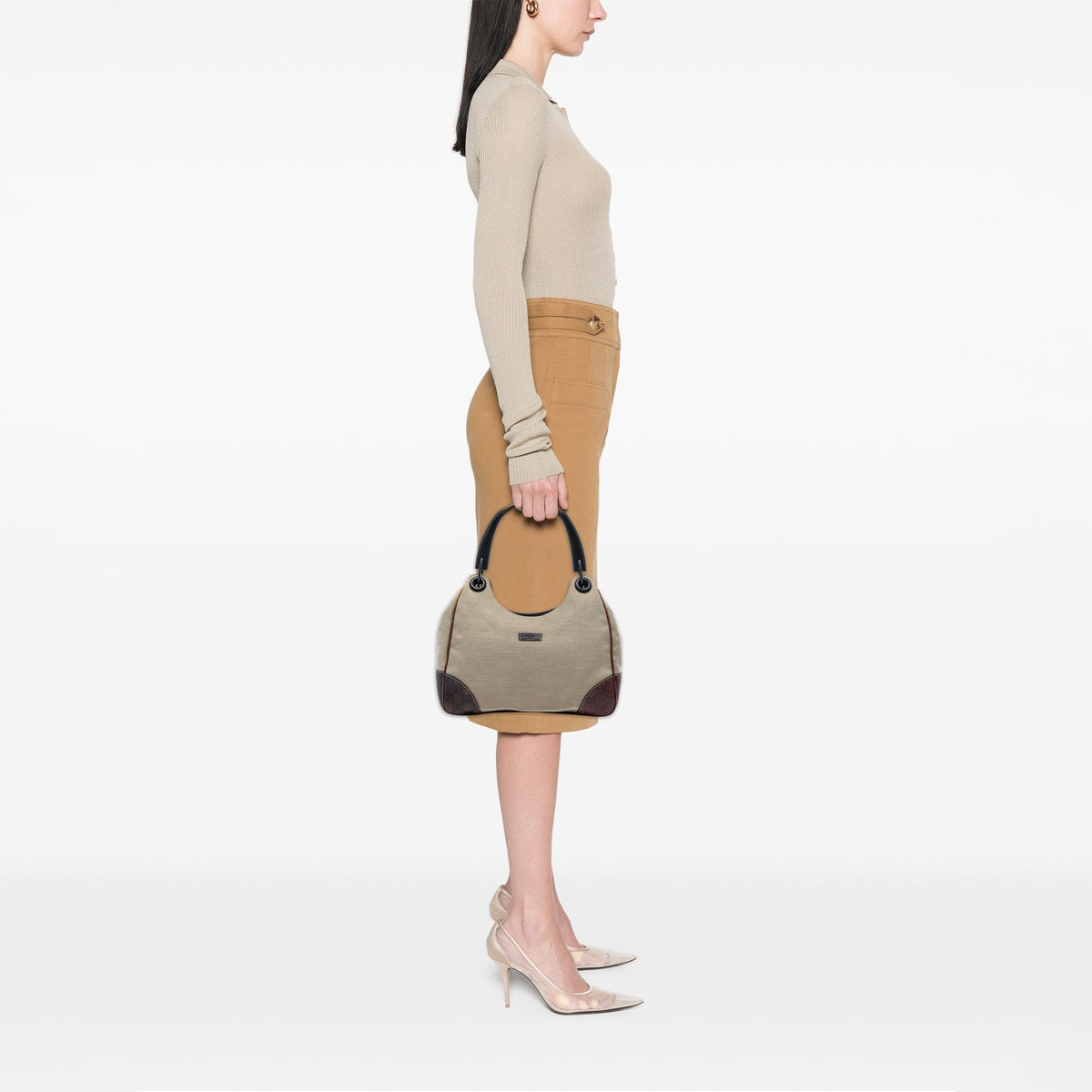 Gucci Guccissima Trimmed Canvas Colbert Shoulder Bag — Beige