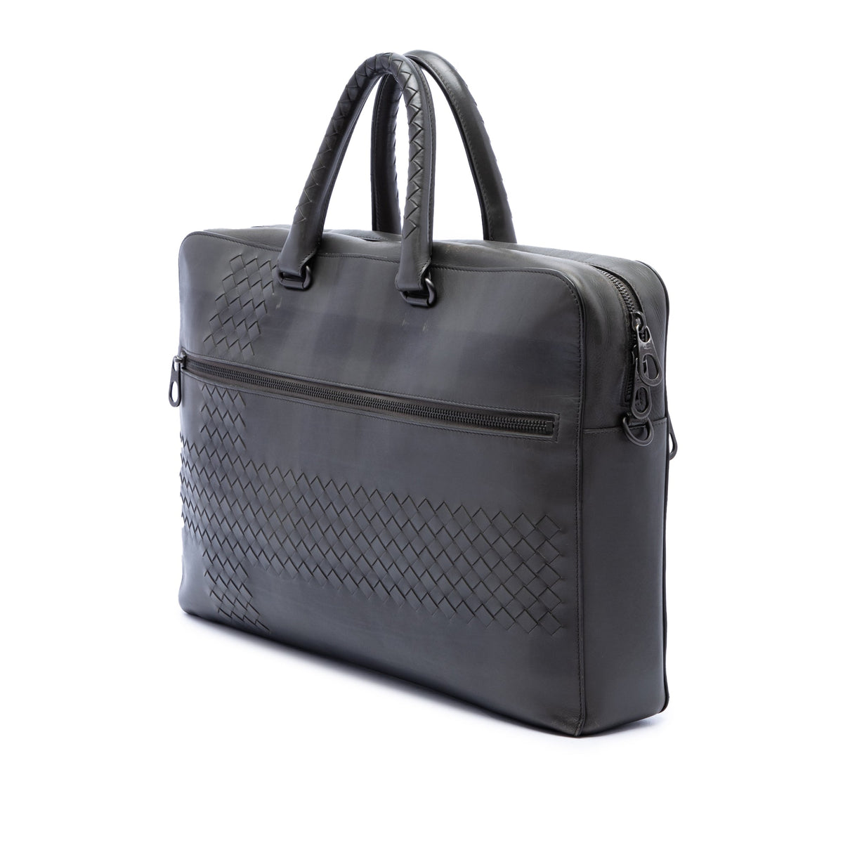 Bottega Veneta Intrecciato Trimmed Nappa Business Bag — Gray