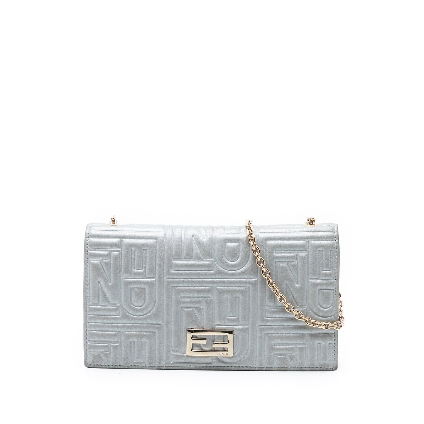 Fendi Metallic Embossed Nappa Logo Chain Clutch