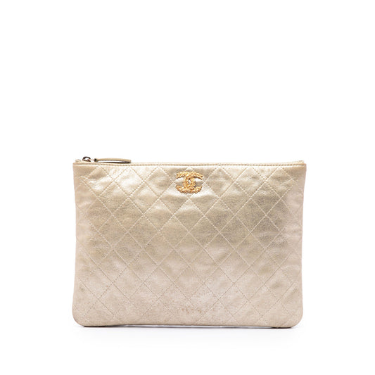 Chanel Medium Quilted Metallic Calfskin Leaves CC O Case Clutch