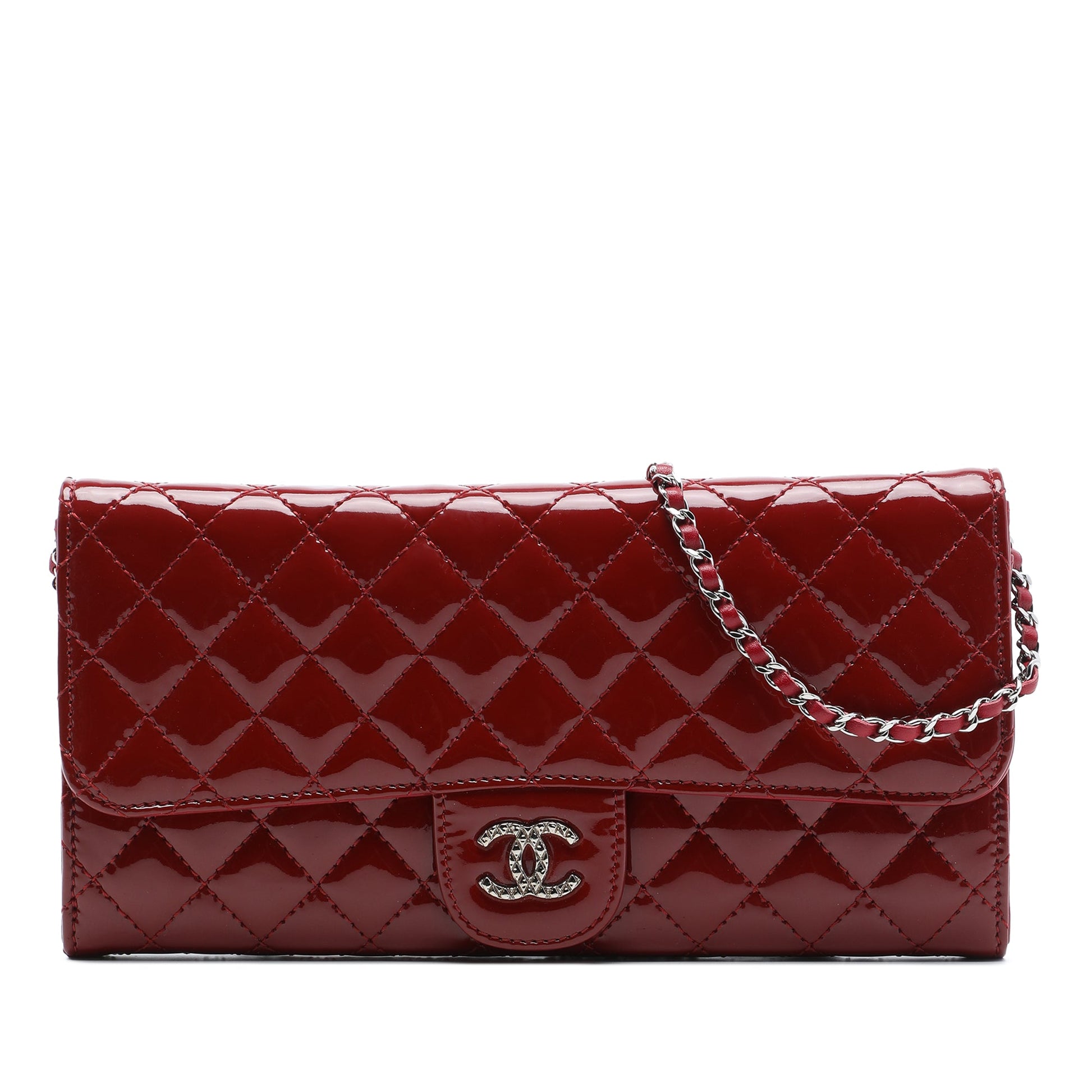 Chanel Quilted Patent Brilliant East West Flap Clutch with Chain