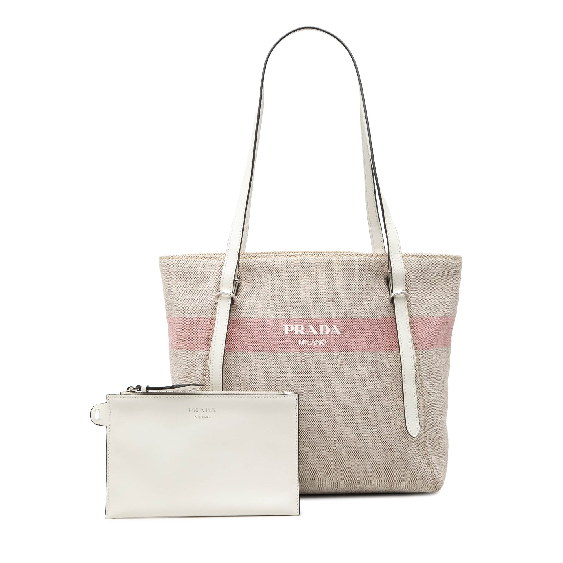 Prada Canvas Logo Stripe Shopper Tote