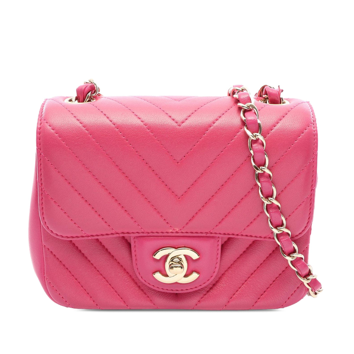 Chanel Mini Square Classic Chevron Lambskin Single Flap — Pink