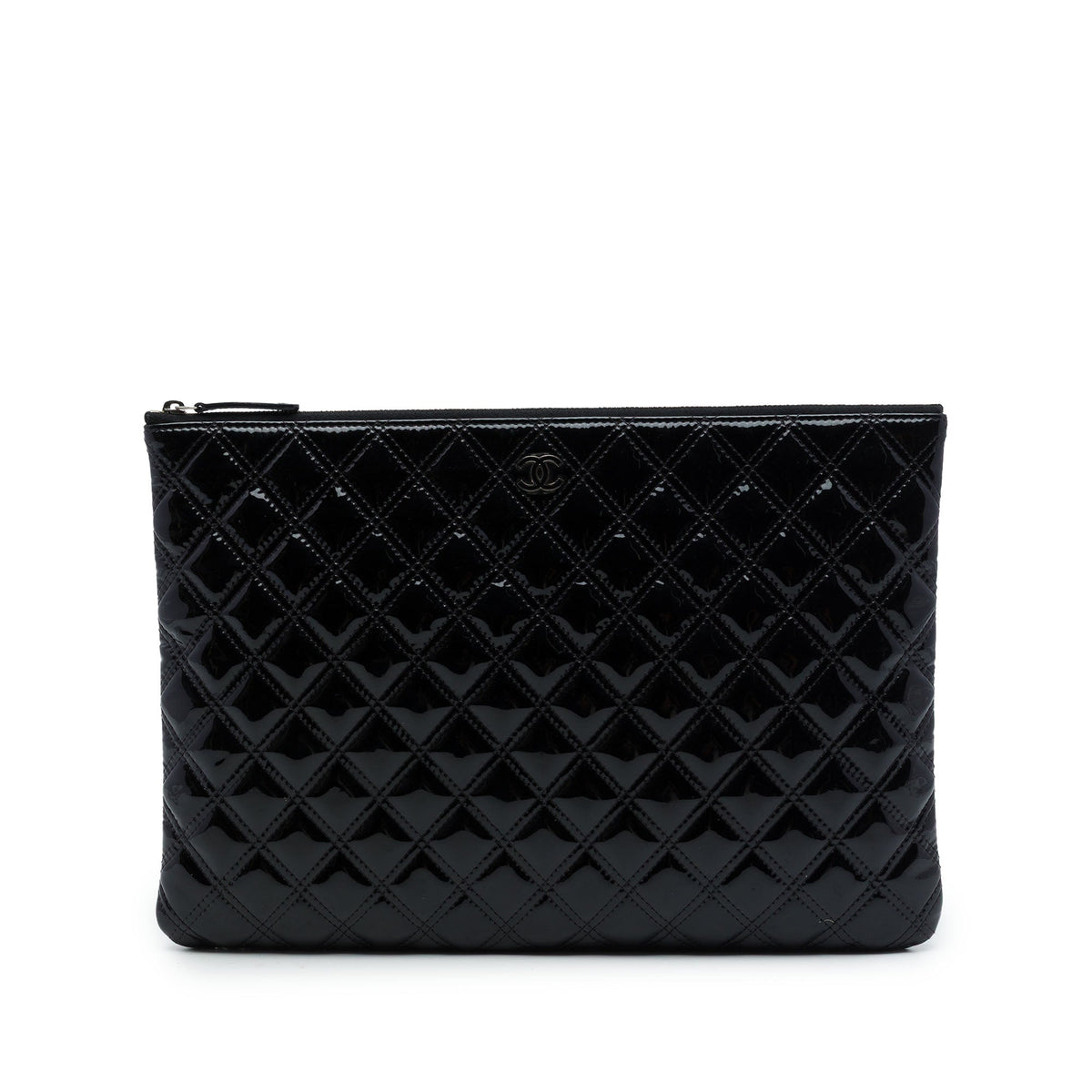 Chanel Large Quilted Patent Double Stitch O Case Clutch — Black
