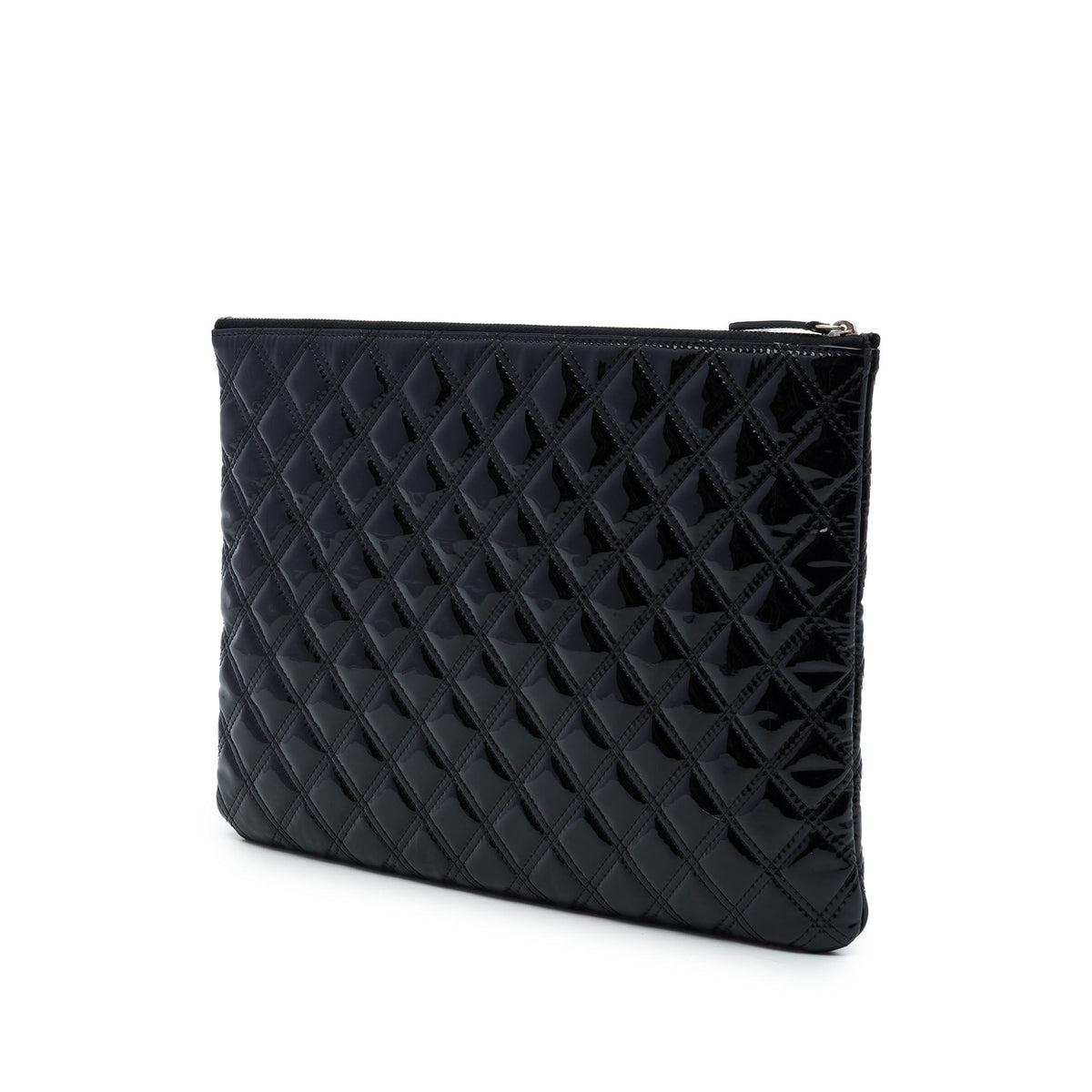 Chanel Large Quilted Patent Double Stitch O Case Clutch — Black
