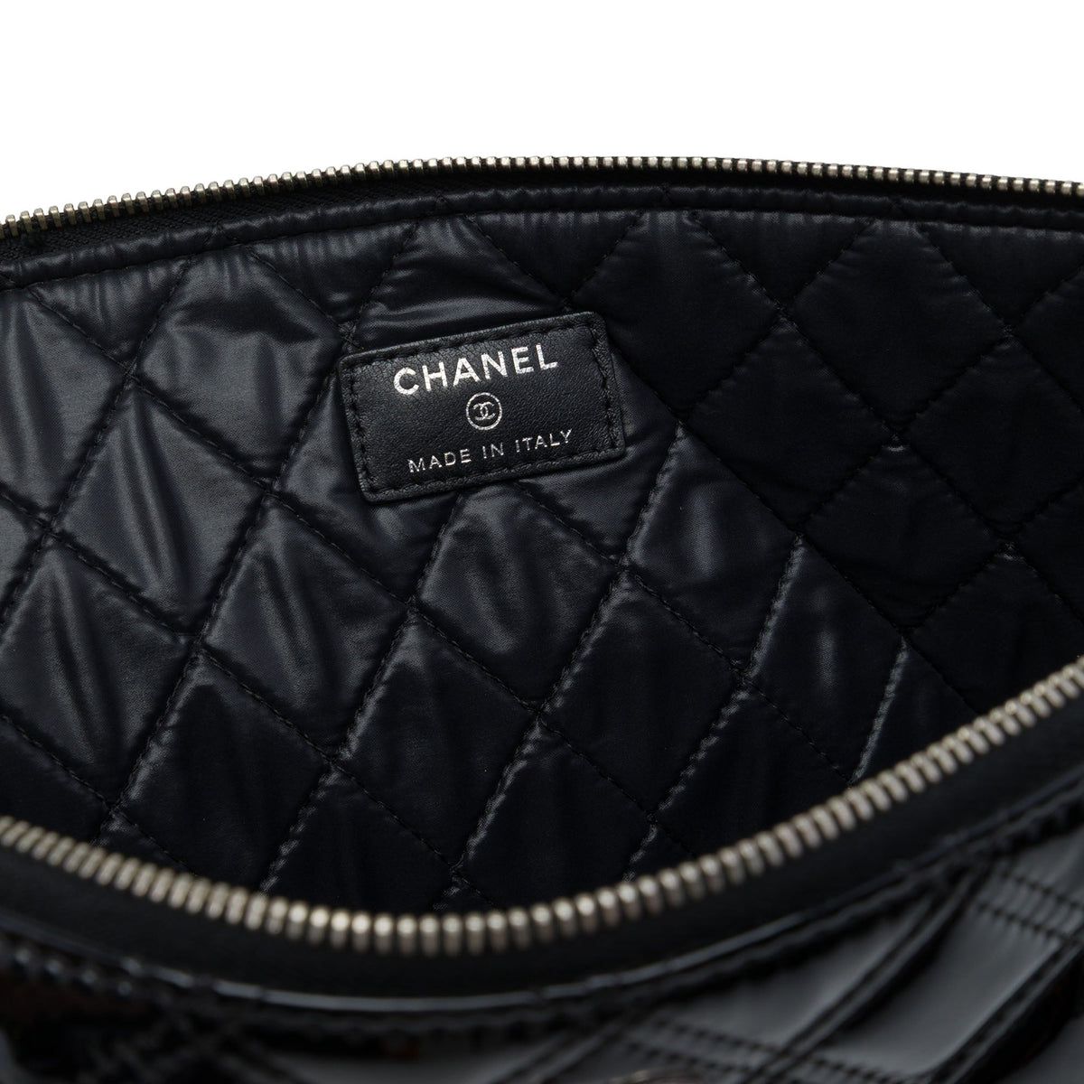 Chanel Large Quilted Patent Double Stitch O Case Clutch — Black