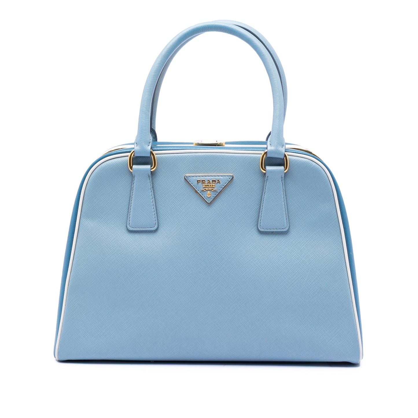 Prada Bicolor Saffiano Lux Pyramid Frame Top Handle Bag