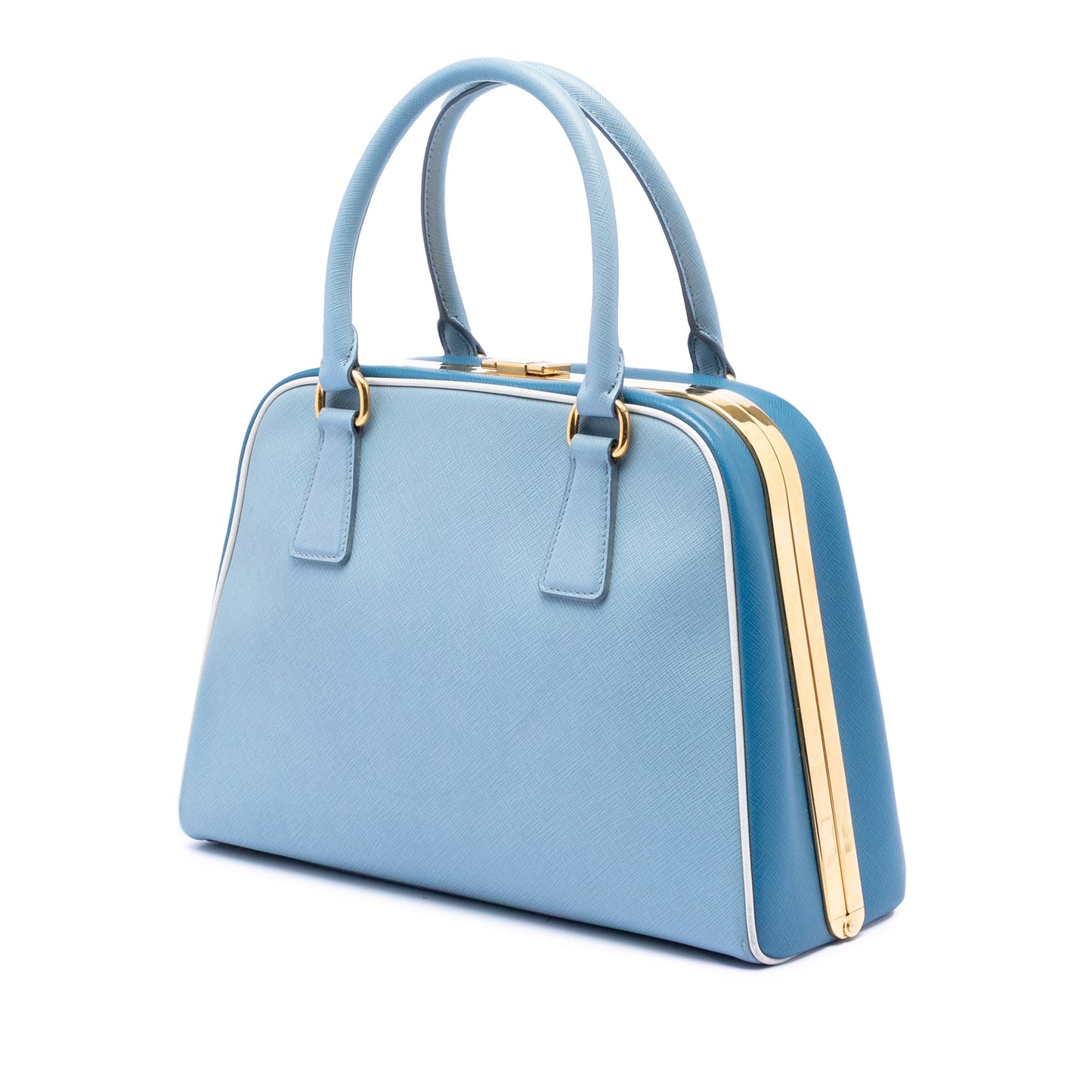 Prada Bicolor Saffiano Lux Pyramid Frame Top Handle Bag