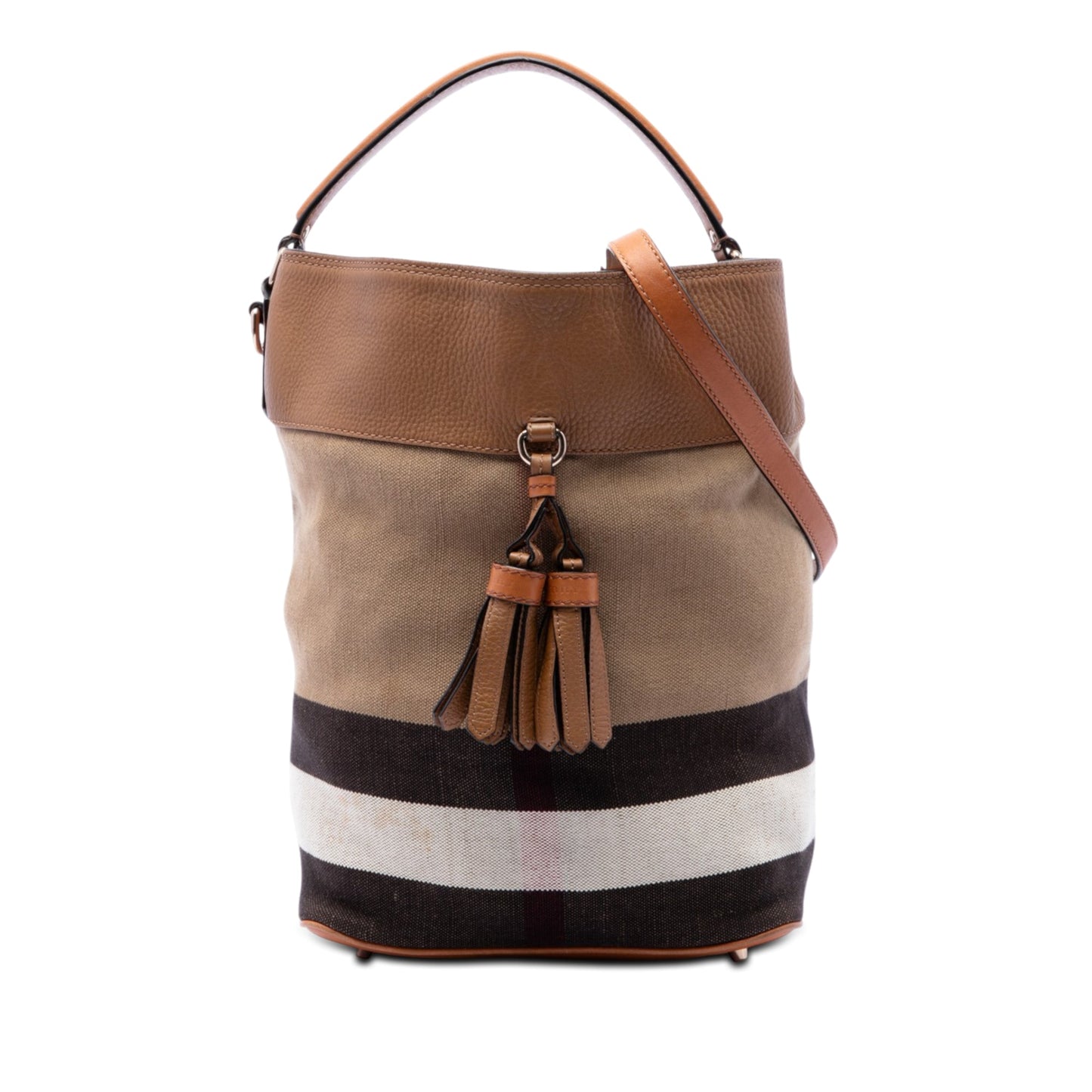 Burberry Medium Mega Check Canvas and Grained Calfskin Ashby Tassel Bucket Bag