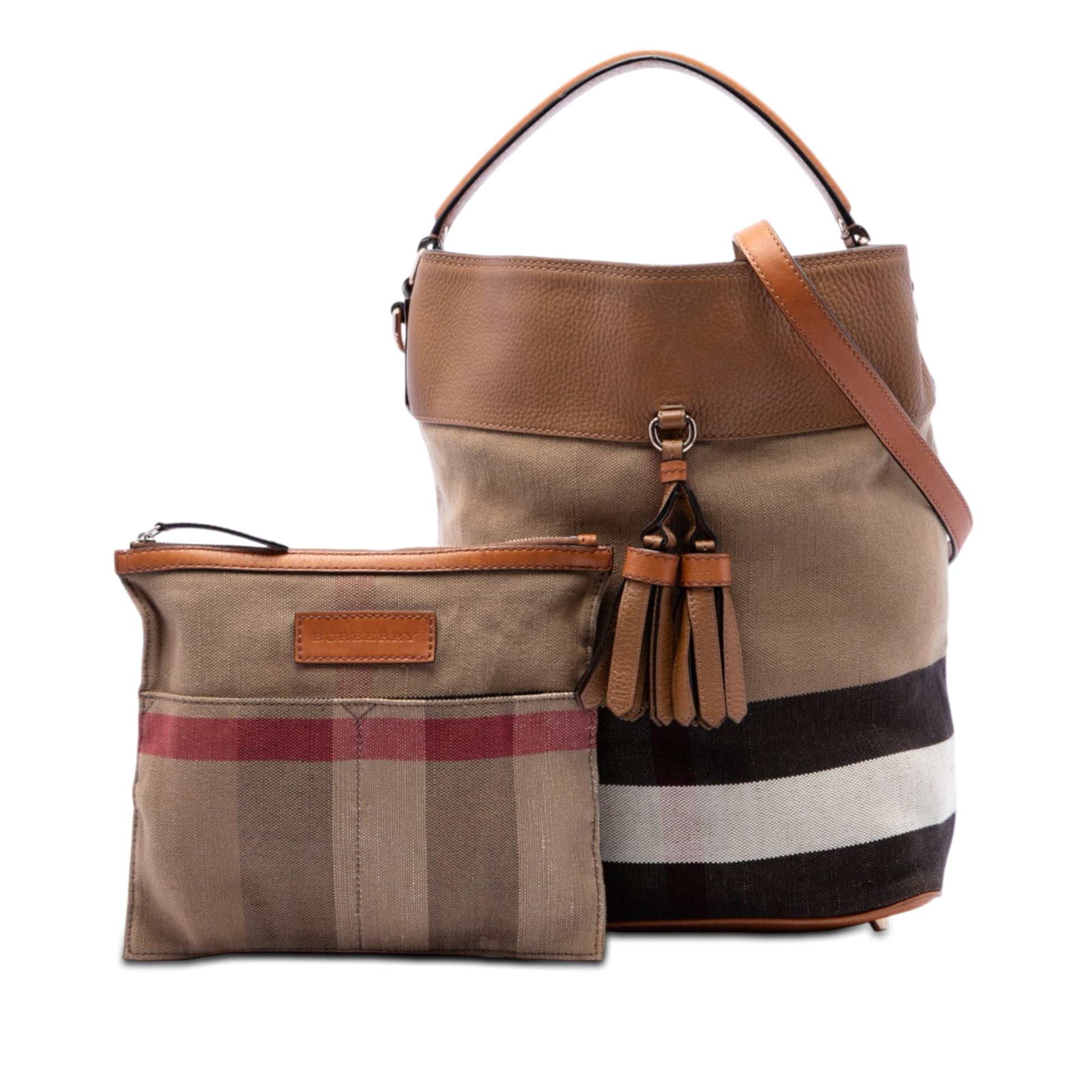 Burberry Medium Mega Check Canvas and Grained Calfskin Ashby Tassel Bucket Bag