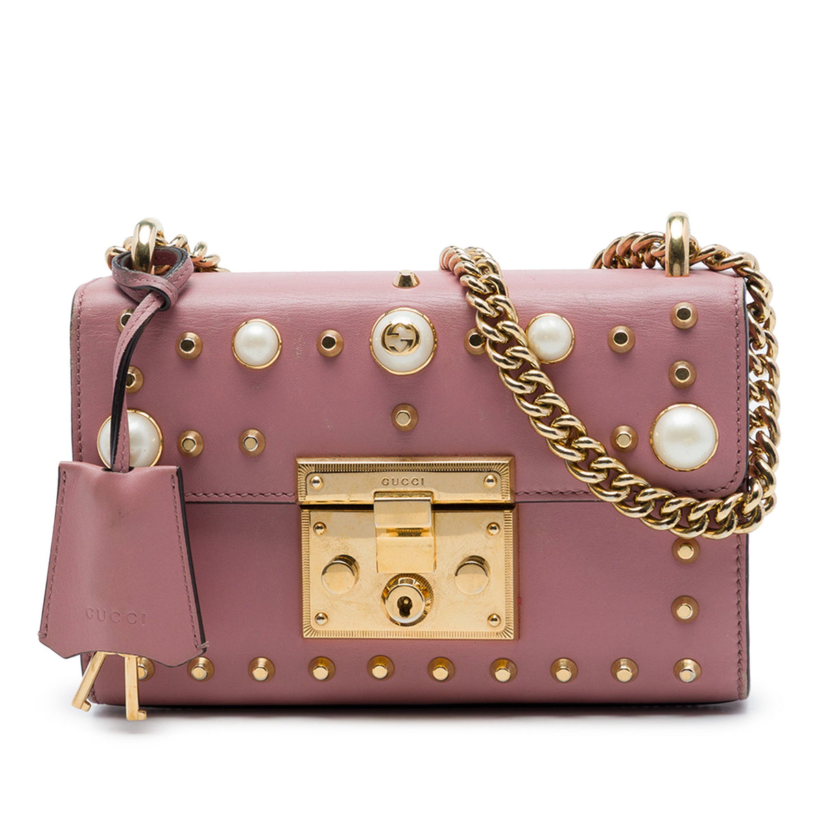 Gucci Small Pearl Studded Leather Padlock Crossbody