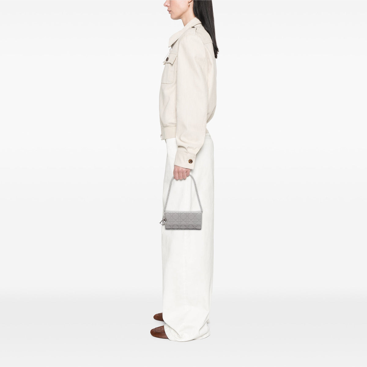 Dior Lambskin Cannage Lady Dior Wallet On Chain — Gray