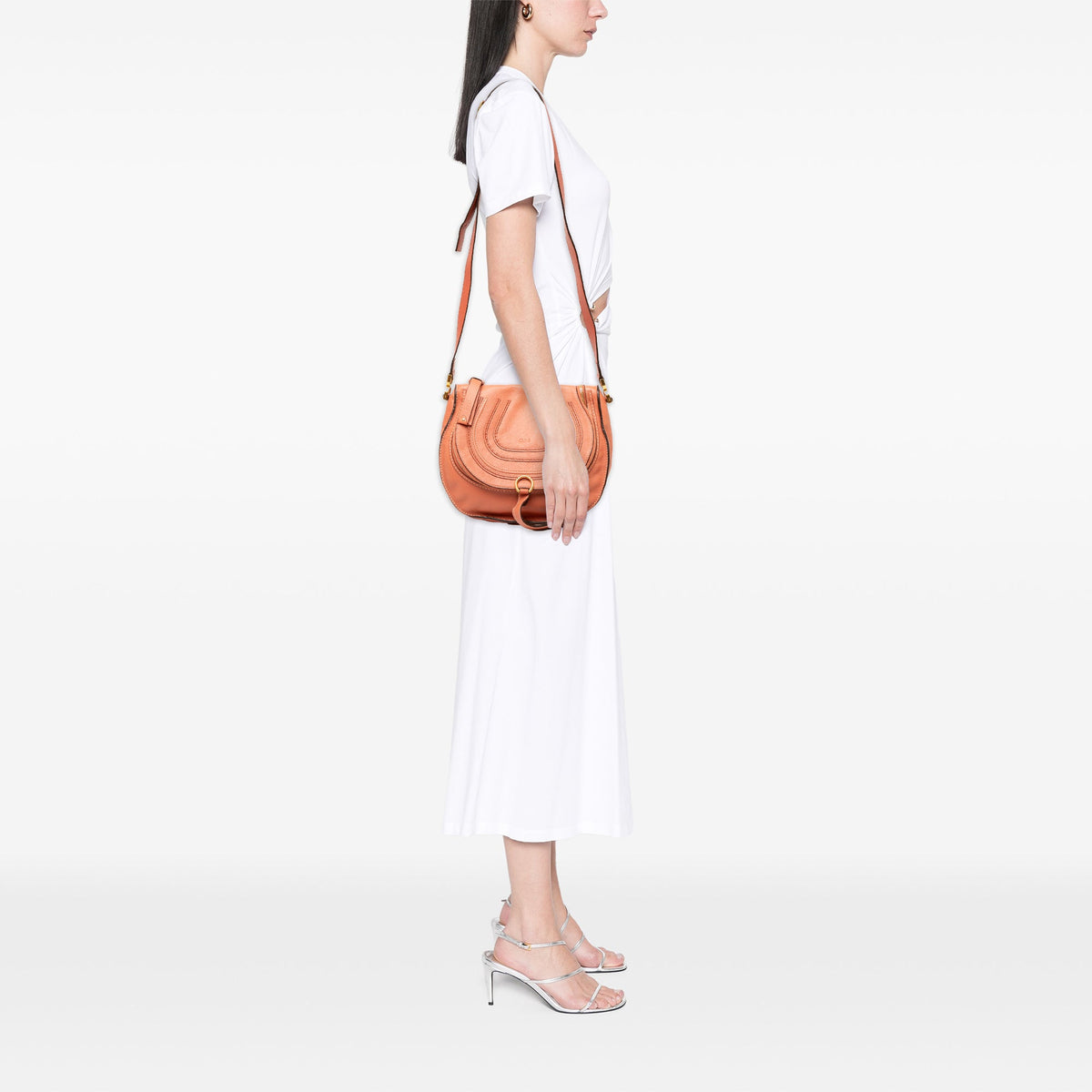 Chloé Medium Grained Calfskin Marcie Saddle Crossbody — Orange