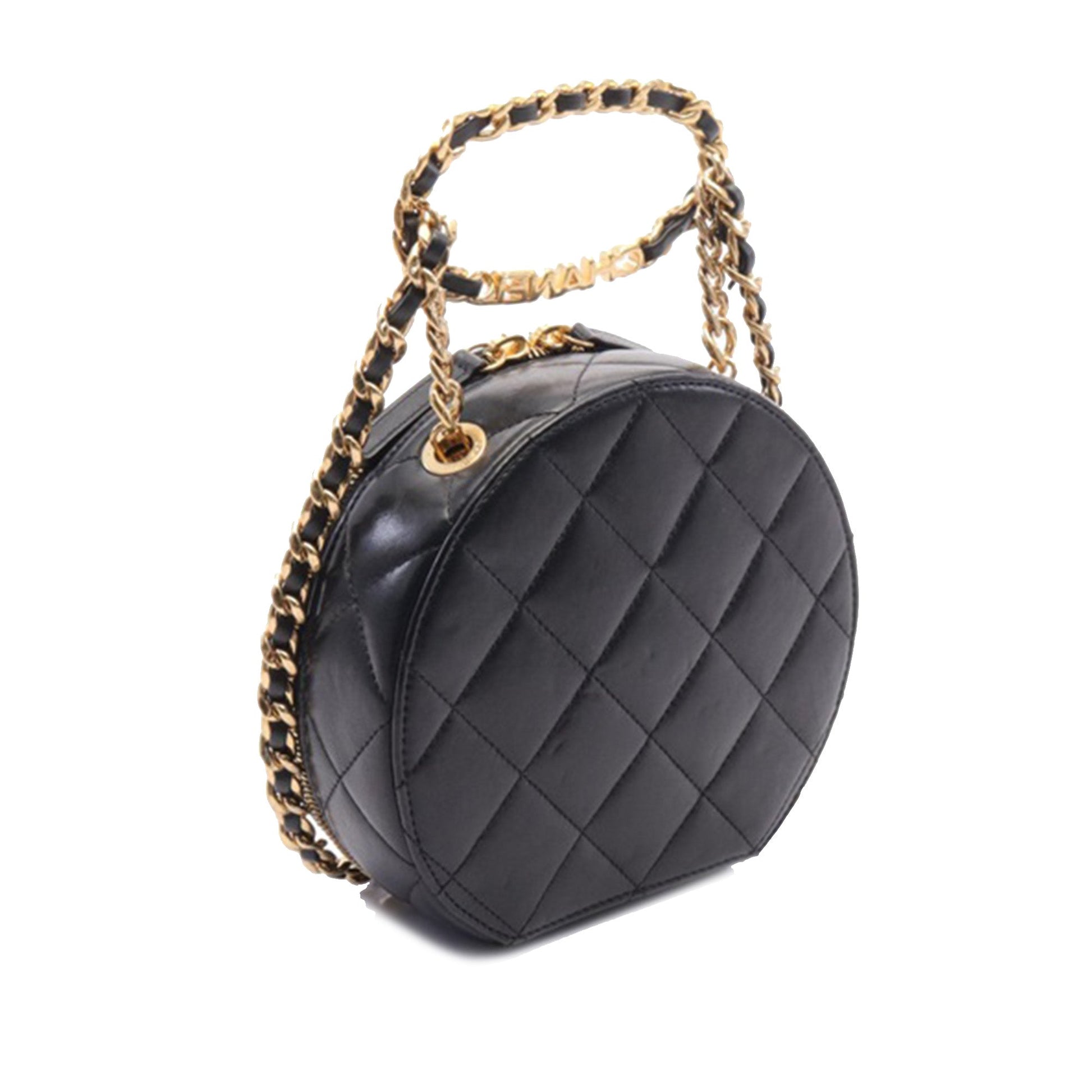 Chanel Quilted Lambskin Oval Logo Chain Top Handle Round Clutch on Chain