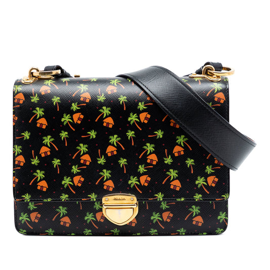 Prada Saffiano Palm Tree and Hut Print Flap Crossbody