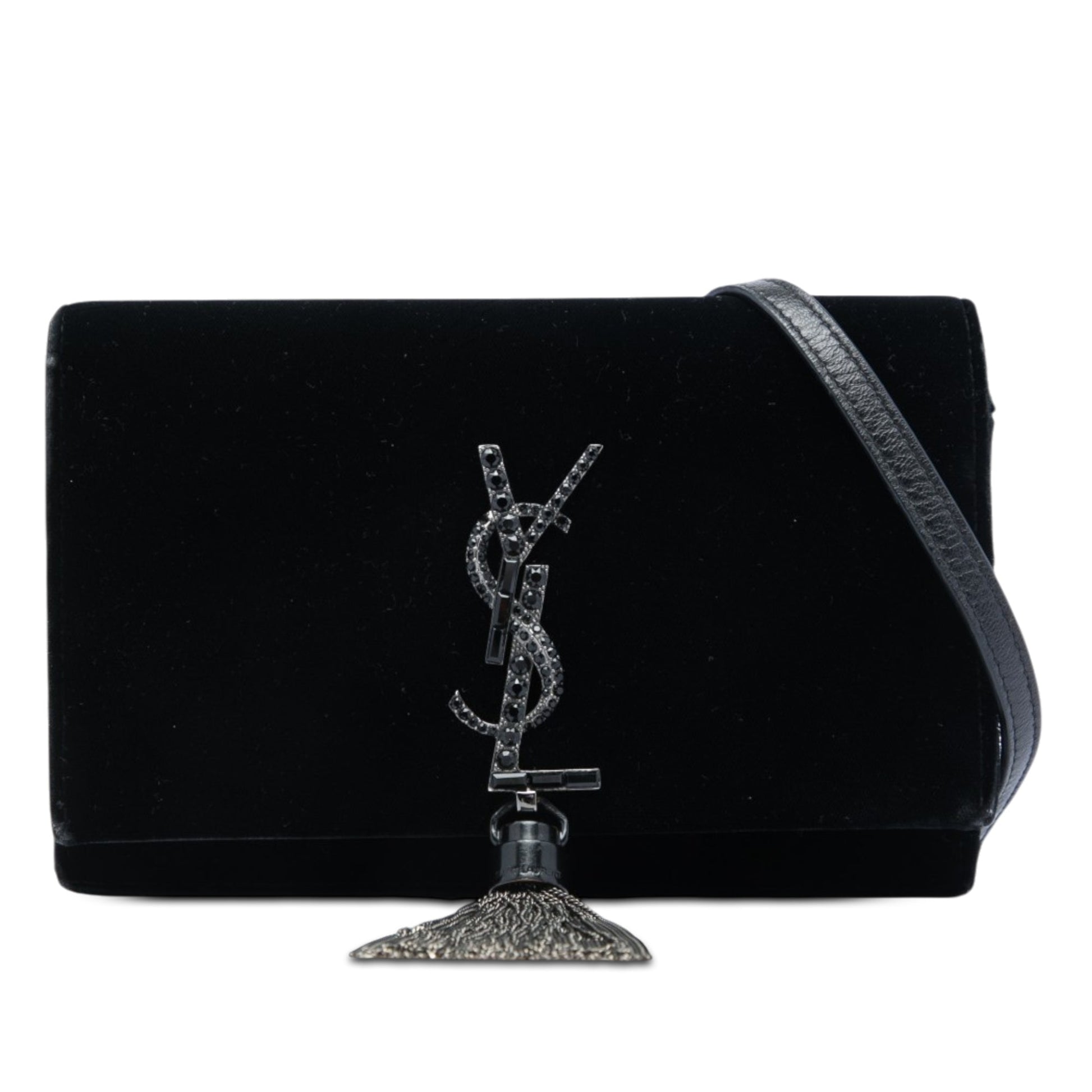 Saint Laurent Velvet Crystal Monogram Kate Tassel Wallet on Chain