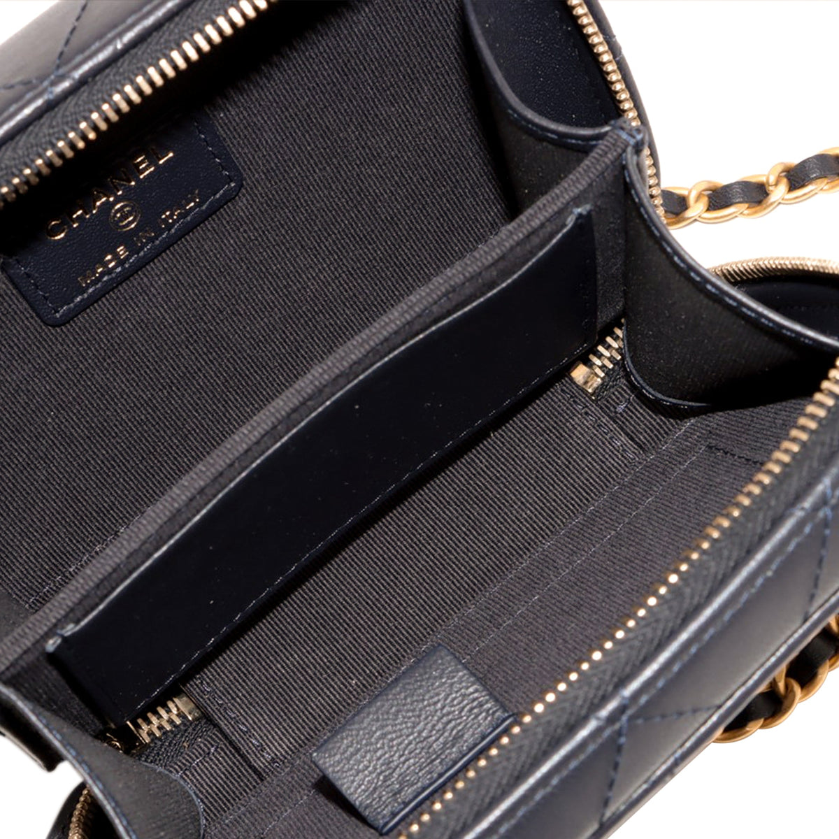Chanel Mini CC Quilted Lambskin Chain Top Handle Vanity Case — Blue