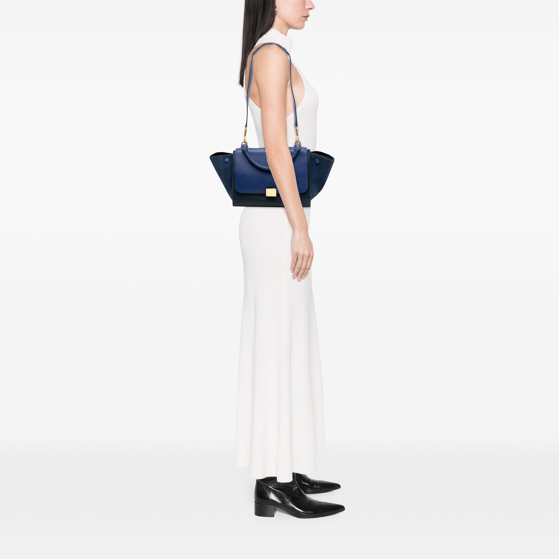 Celine Small Bicolor Calfskin and Suede Trapeze Satchel