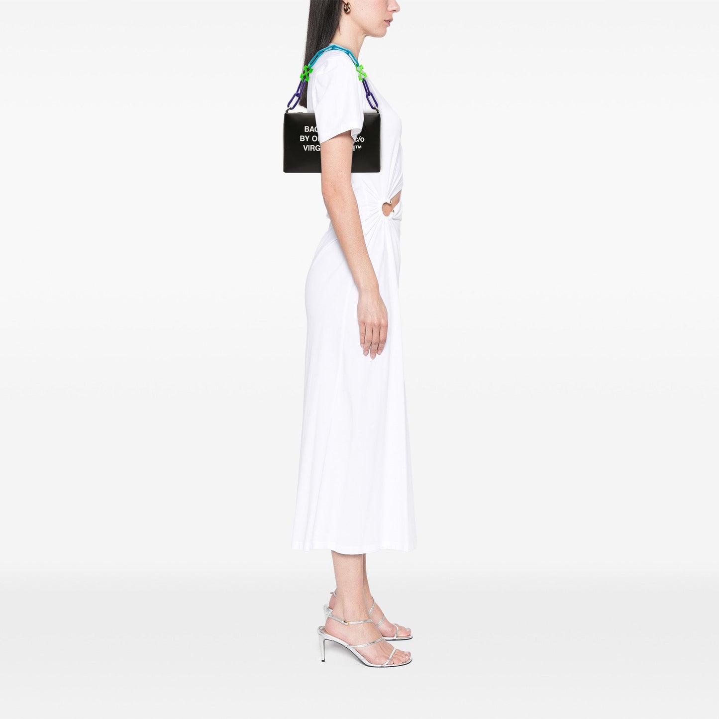 Off-White Leather Block Pouch Quote Clutch with Chain