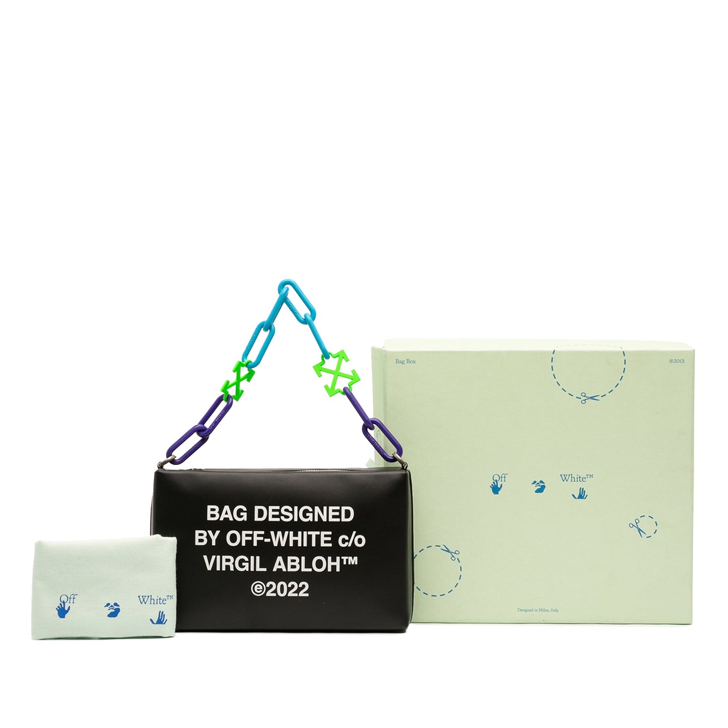Off-White Leather Block Pouch Quote Clutch with Chain