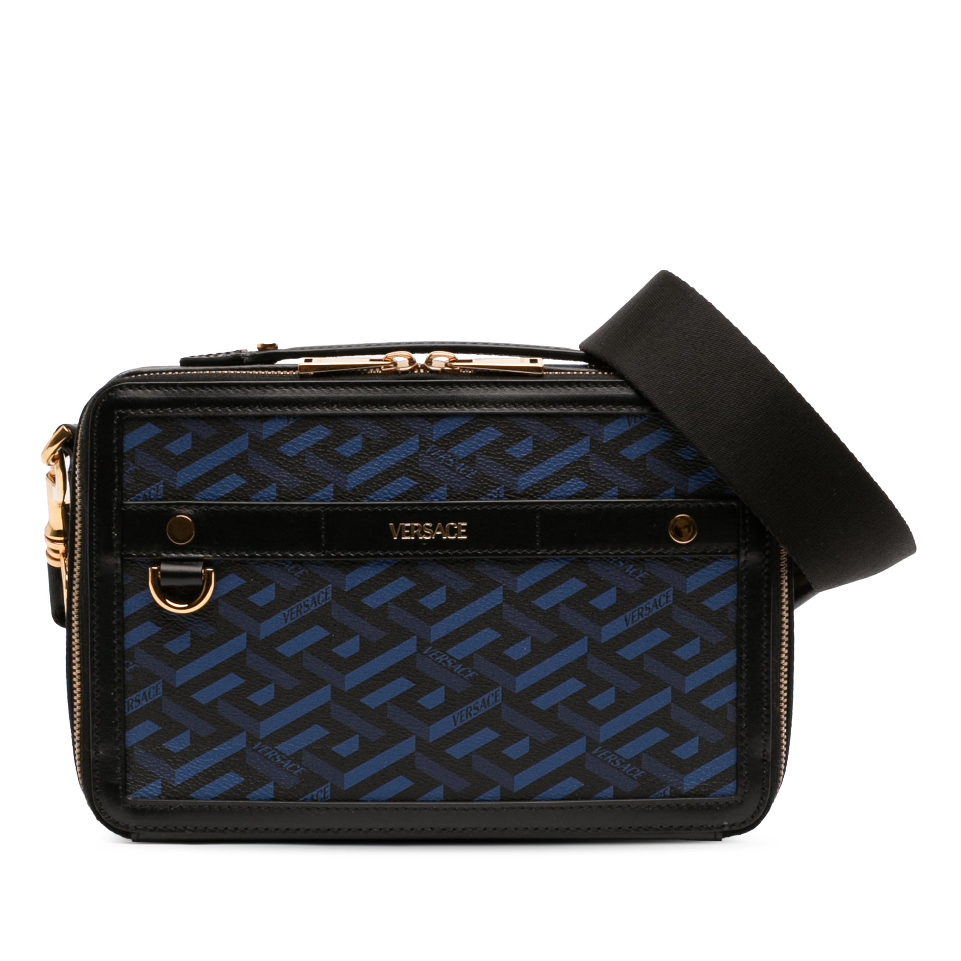 Versace Coated Canvas La Greca Zip Around Messenger Bag