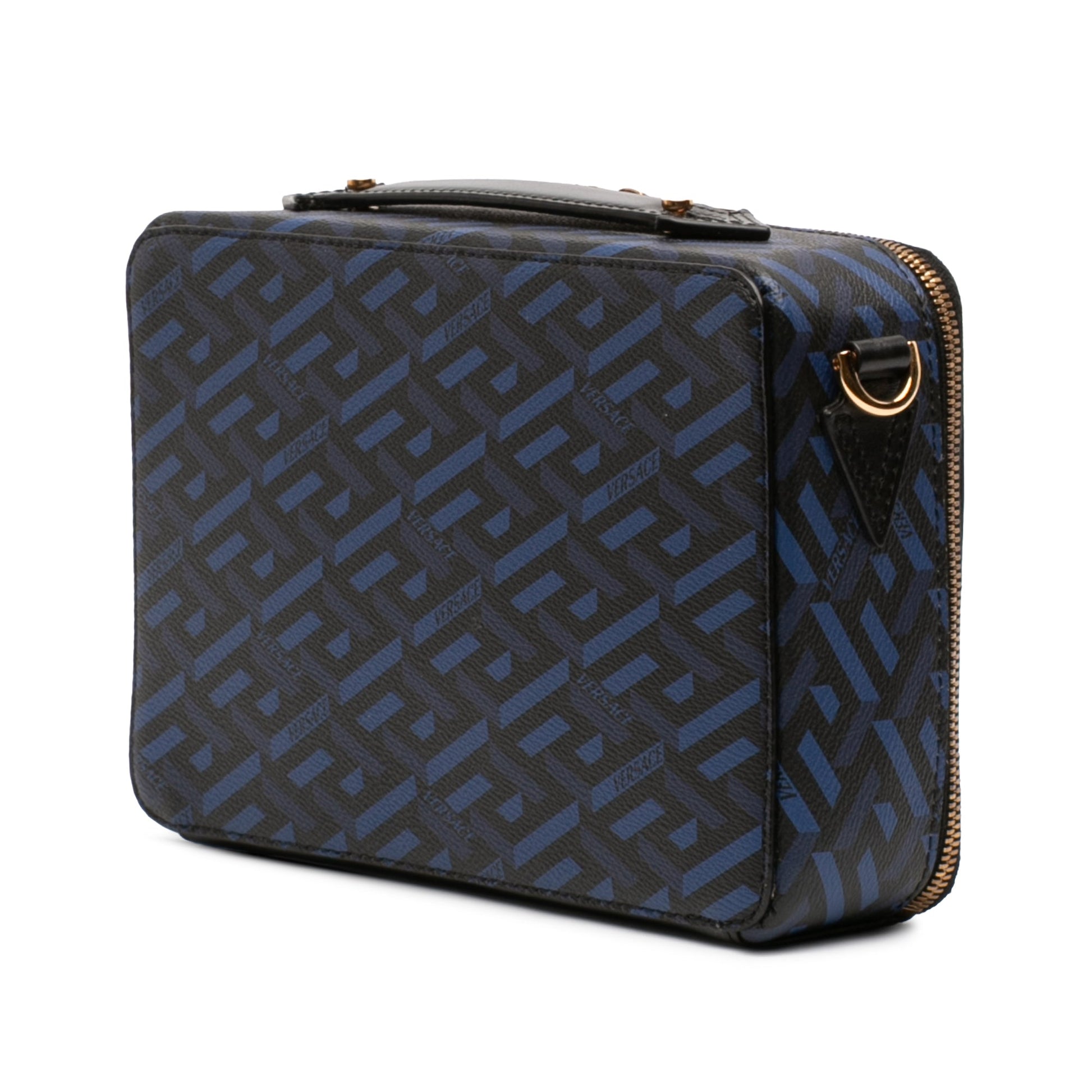 Versace Coated Canvas La Greca Zip Around Messenger Bag