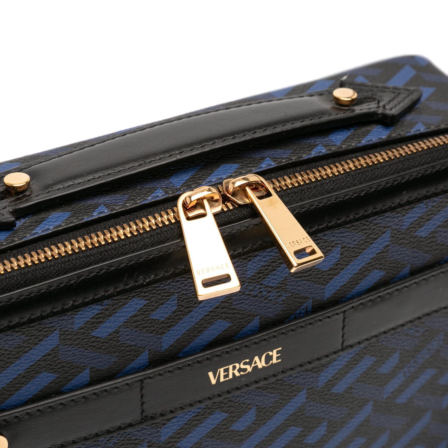 Versace Coated Canvas La Greca Zip Around Messenger Bag