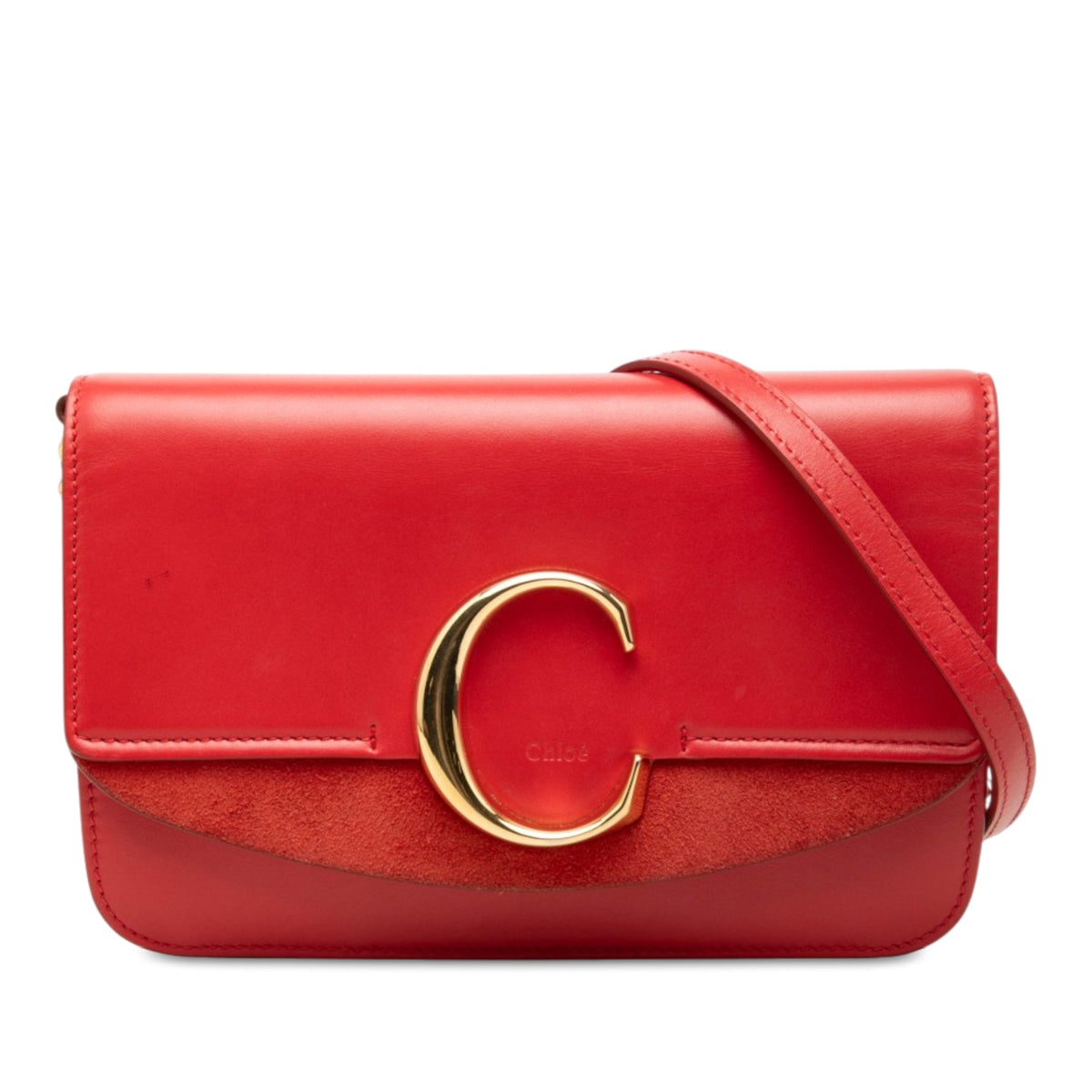 Chloé Mini Calfskin and Suede C Chain Crossbody — Red