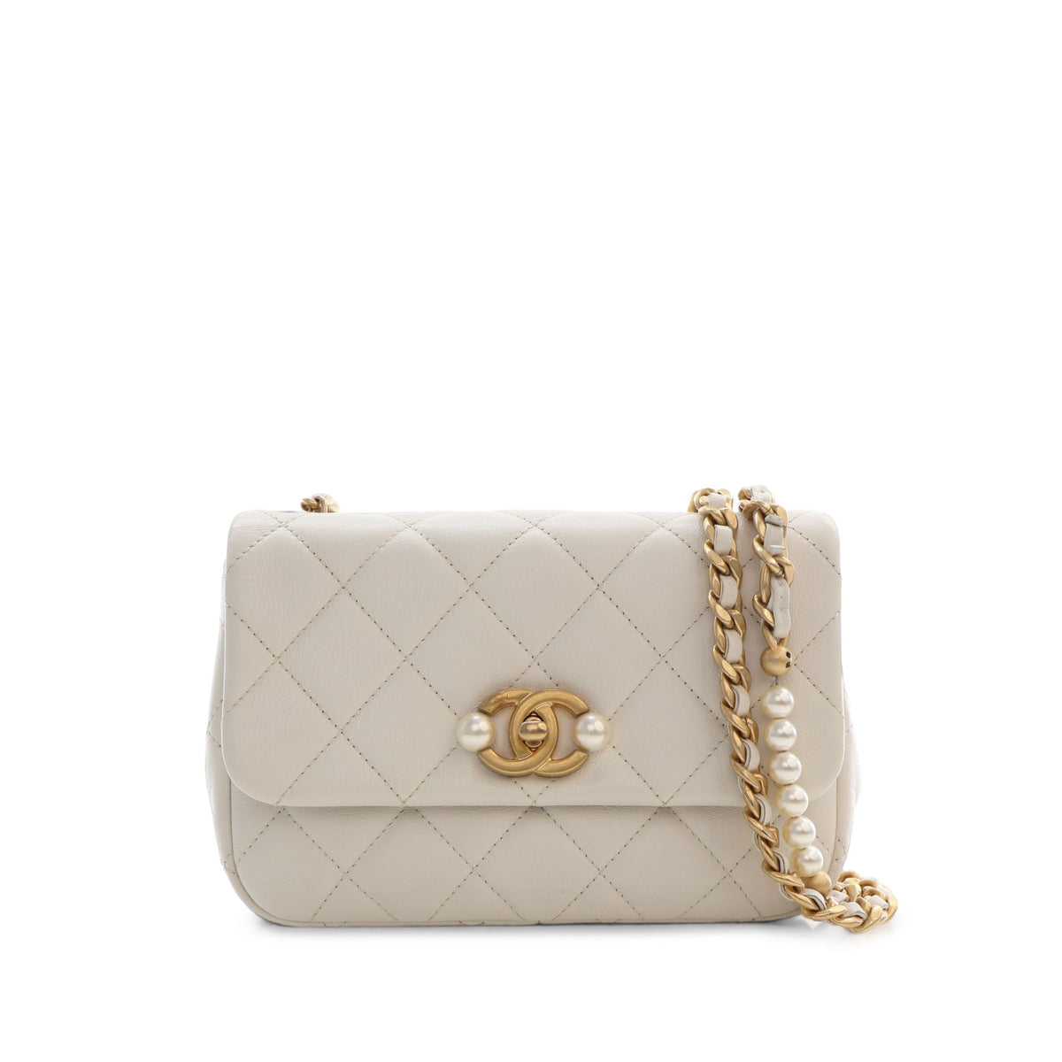 Chanel Mini Quilted Glazed Calfskin Pearl Side Flap — White