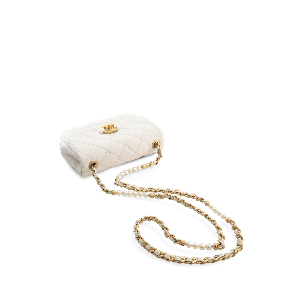 Chanel Mini Quilted Glazed Calfskin Pearl Side Flap — White